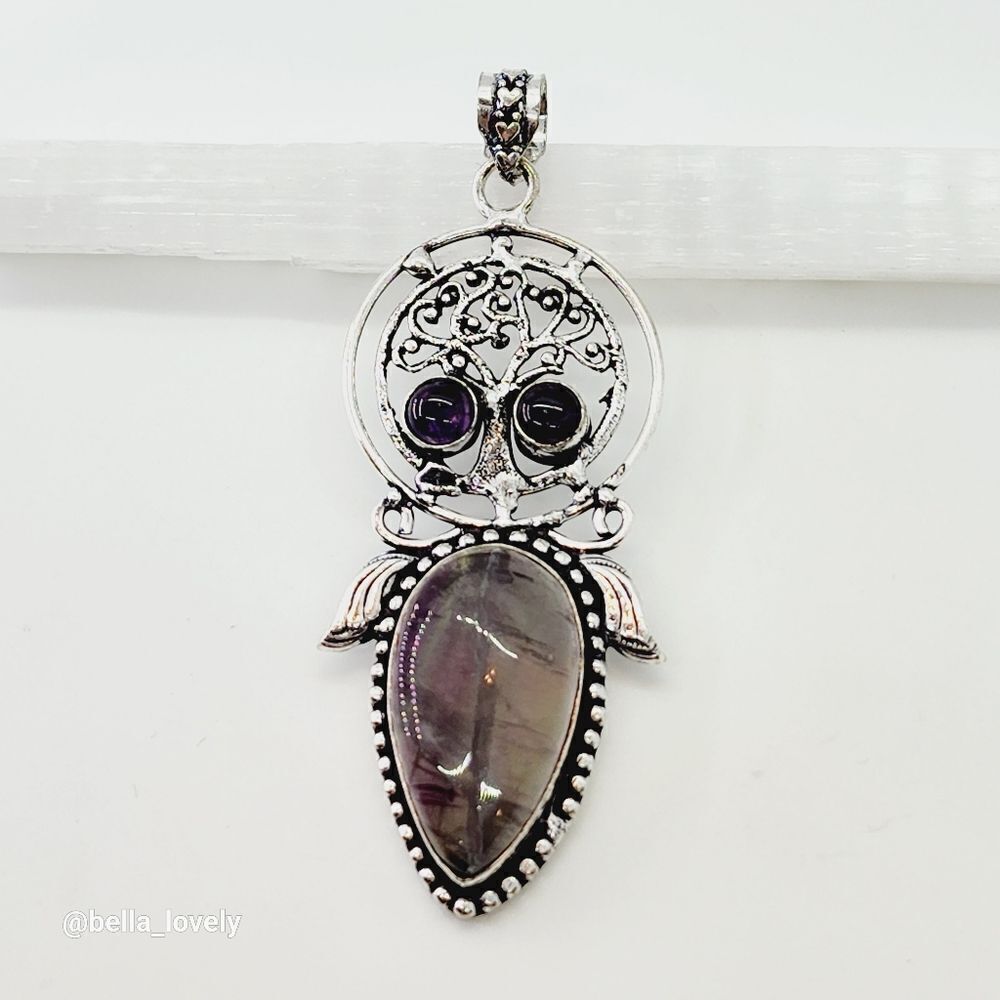 Tree of Life Fluorite Amethyst Ethnic Handmade Pendant Jewelry 3"